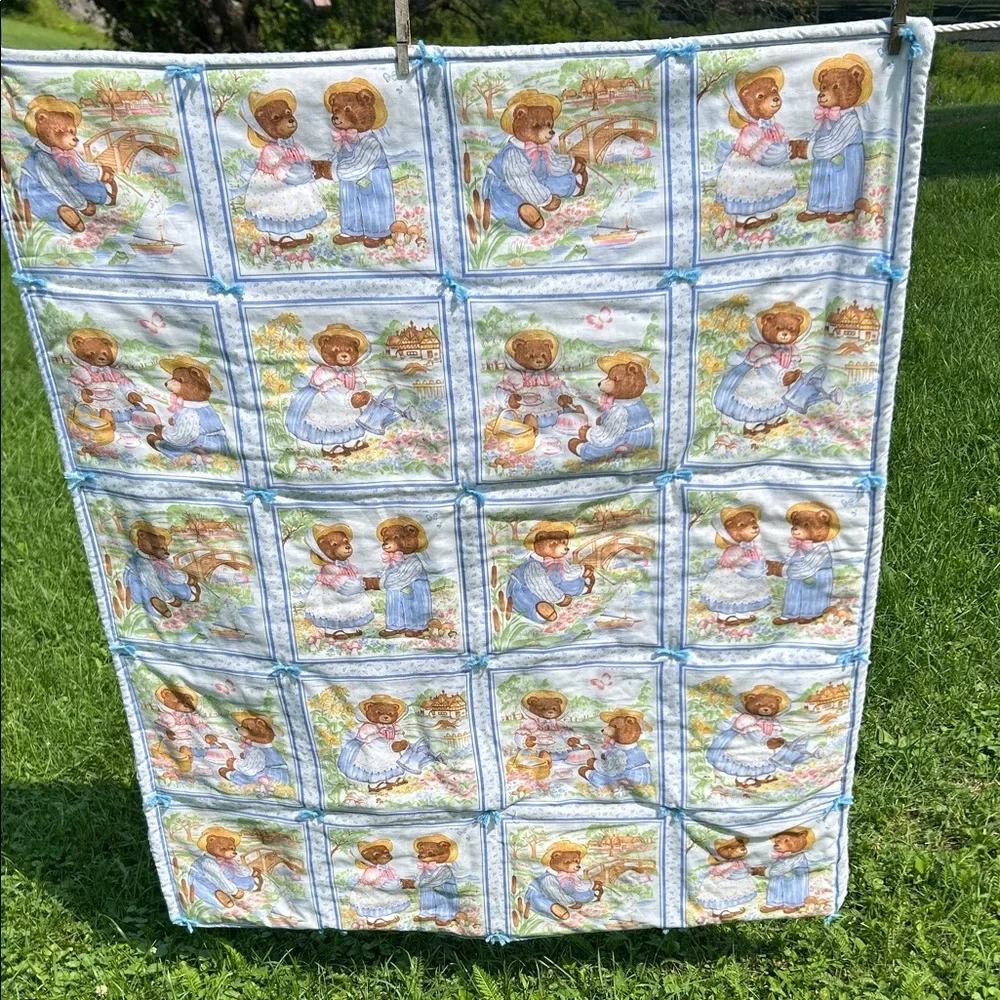 Hand Made Baby Quilt Cute Bears Cottagecore Cozy Nursery Shower Gift